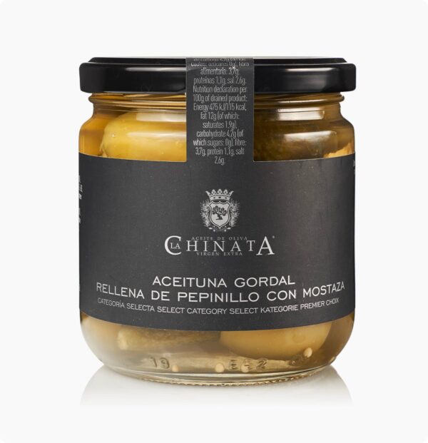 ACEITUNA GORDAL RELLENA DE PEPINILLO CON MOSTAZA